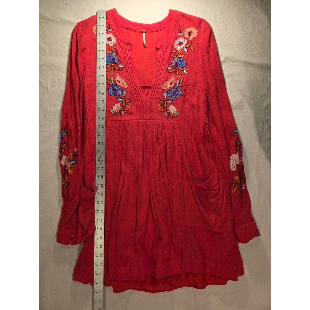 Free People Mia Embroidered Gauze Mini Dress Long Sleeve Boho, Size S, Red